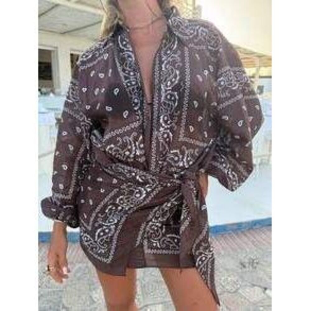 KZKZWK Boho Brown White Paisley Print Set, Long Sleeve Shirt Tie Skirt, Lazy Sl…